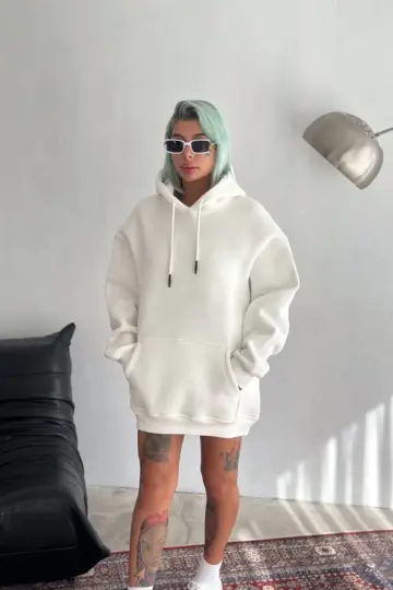 Kapüşonlu Kanguru Cepli 3 İplik Pamuklu Oversize Hoodie Sweatshirt - Beyaz