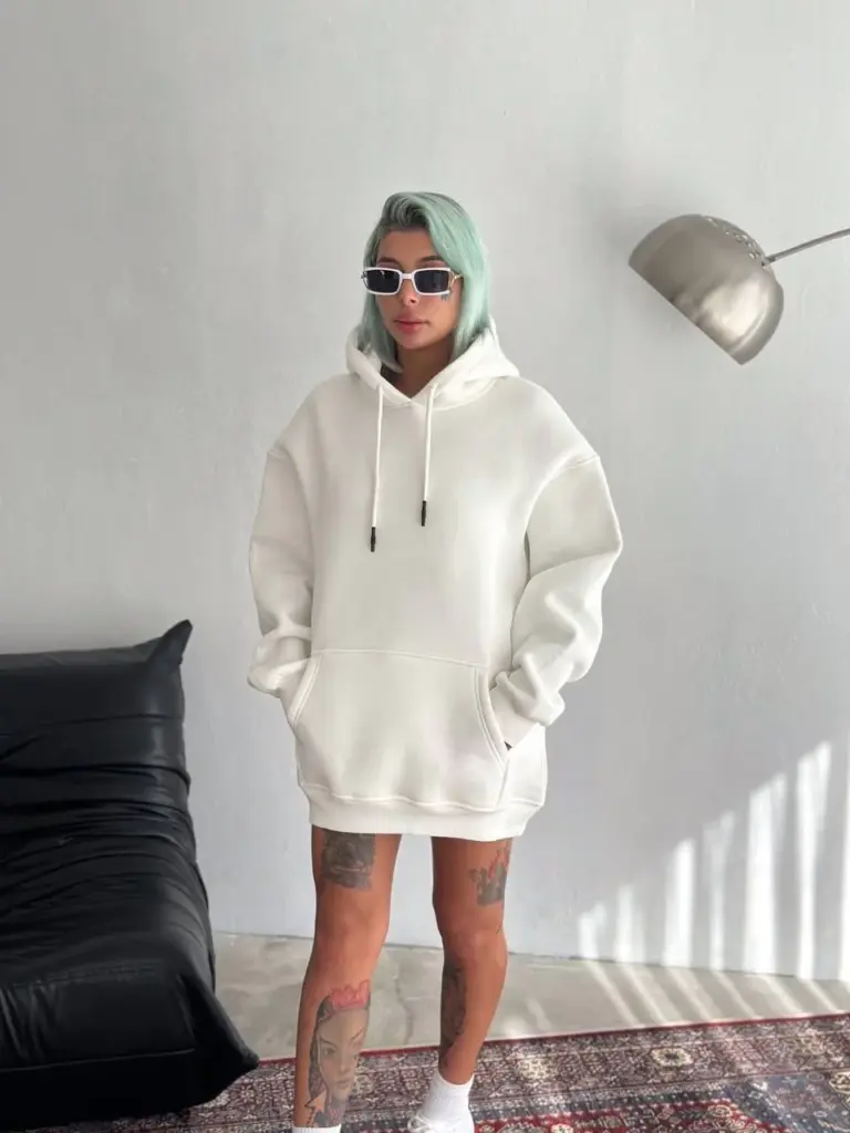 Kapüşonlu Kanguru Cepli 3 İplik Pamuklu Oversize Hoodie Sweatshirt - Beyaz
