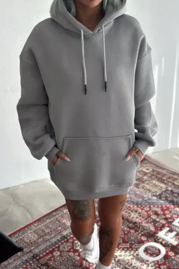 Kapüşonlu Kanguru Cepli 3 İplik Pamuklu Oversize Hoodie Sweatshirt -  Boyalı Gri