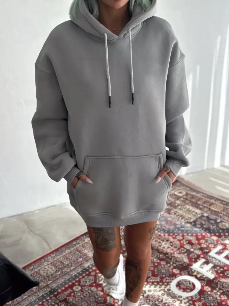 Kapüşonlu Kanguru Cepli 3 İplik Pamuklu Oversize Hoodie Sweatshirt -  Boyalı Gri