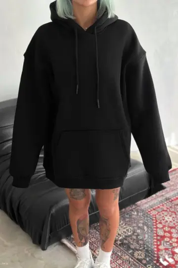 Kapüşonlu Kanguru Cepli 3 İplik Pamuklu Oversize Hoodie Sweatshirt - Siyah