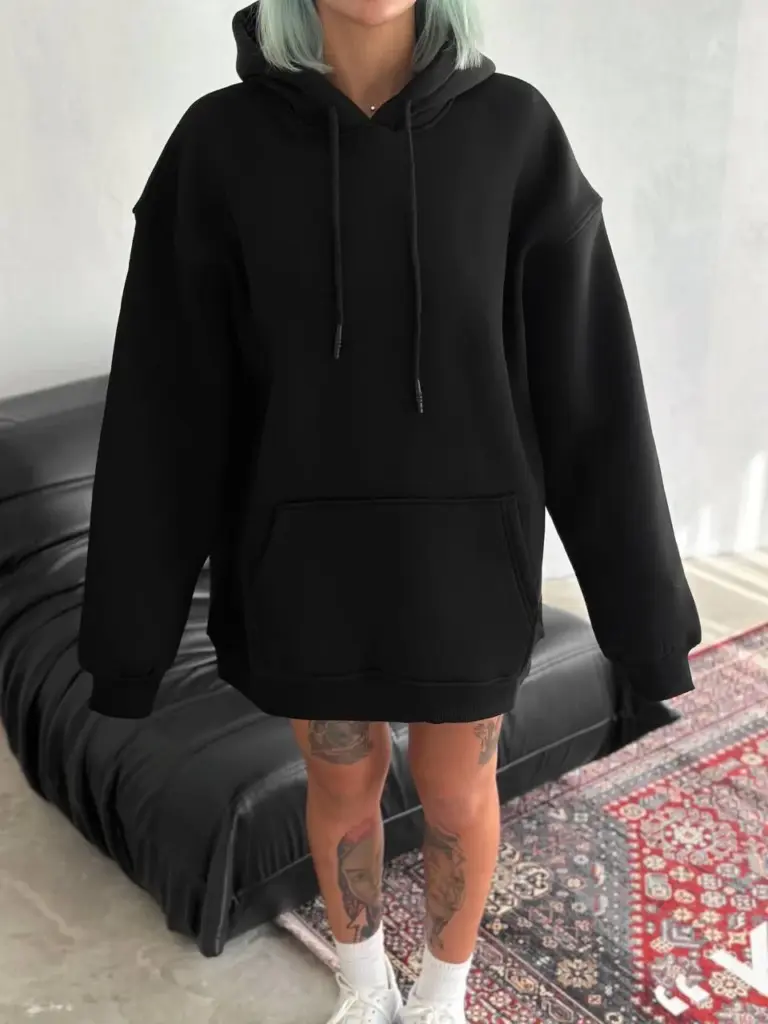 Kapüşonlu Kanguru Cepli 3 İplik Pamuklu Oversize Hoodie Sweatshirt - Siyah