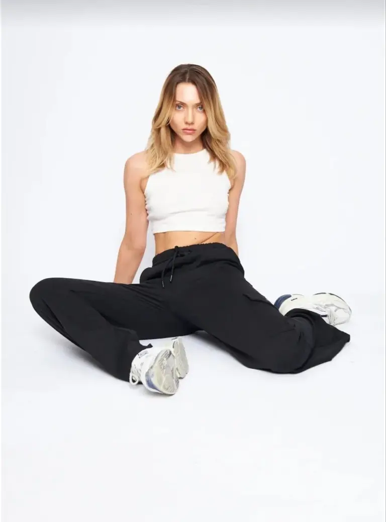 Kargo Cepli Palazzo Oversize Kesim İki iplik Bol Paça Eşofman Altı Pantolon - Siyah