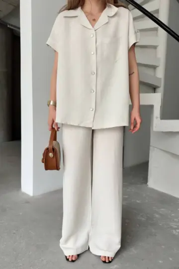 Keten Kısa Kollu Cepli Gömlek Pantolon ikili Takım - Beyaz
