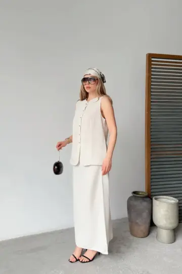 Keten Kolsuz Sıfır Yaka İlik Düğmeli Kolsuz Hırka Etek ikili Takım - Beyaz