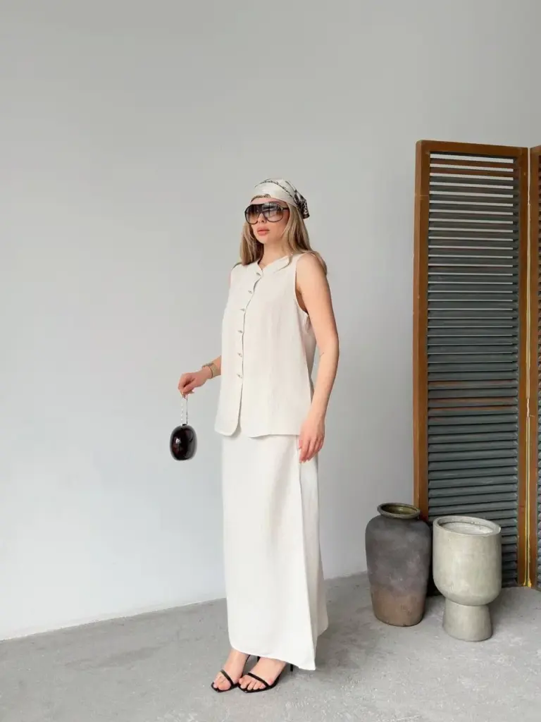 Keten Kolsuz Sıfır Yaka İlik Düğmeli Kolsuz Hırka Etek ikili Takım - Beyaz