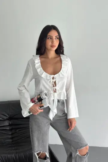 Keten Uzun Kol Bağacık Detaylı Bluz - Beyaz