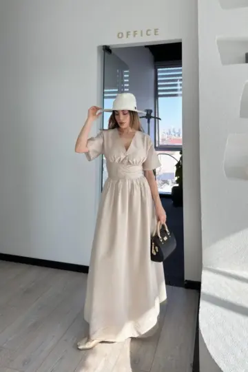 Kısa Kollu Uzun Elbise - Kırık Beyaz