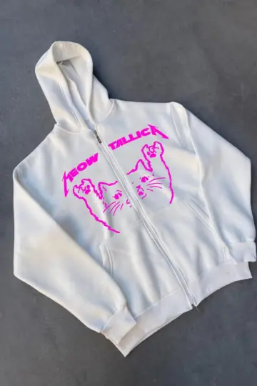 3 iplik Kışlık Baskılı Fermuarlı Kapüşonlu Hırka - Beyaz