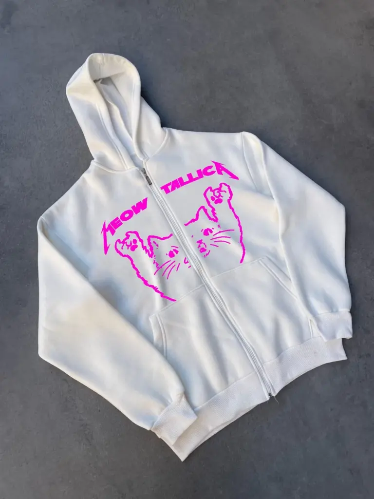 3 iplik Kışlık Baskılı Fermuarlı Kapüşonlu Hırka - Beyaz