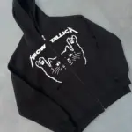 3 iplik Kışlık Baskılı Fermuarlı Kapüşonlu Hırka - Siyah