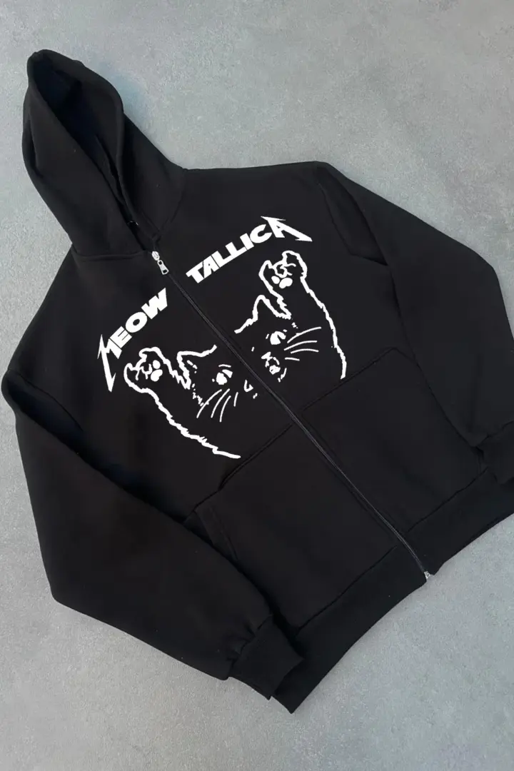 3 iplik Kışlık Baskılı Fermuarlı Kapüşonlu Hırka - Siyah