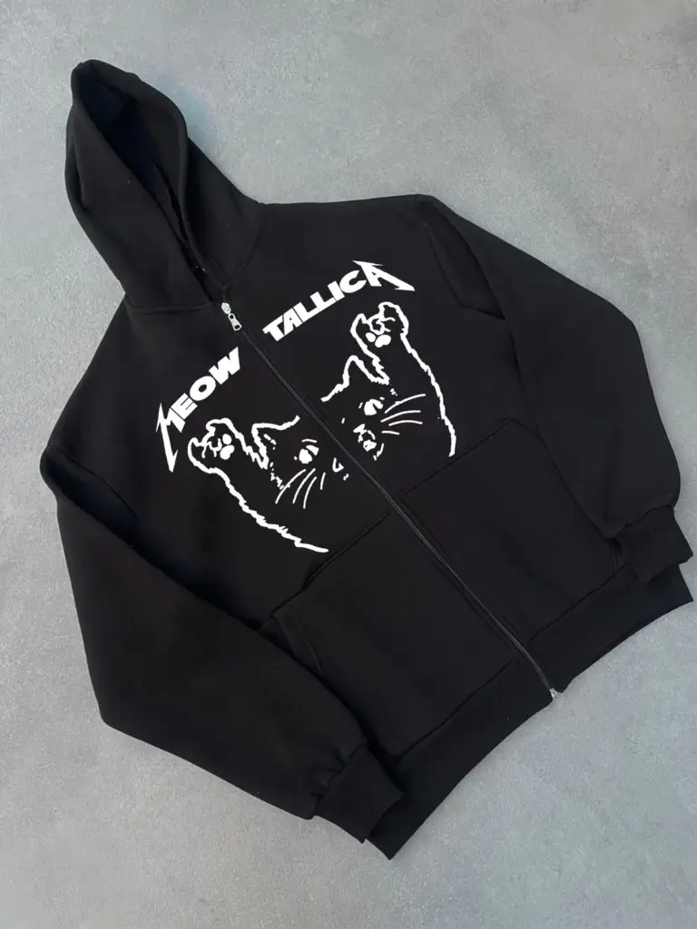 3 iplik Kışlık Baskılı Fermuarlı Kapüşonlu Hırka - Siyah