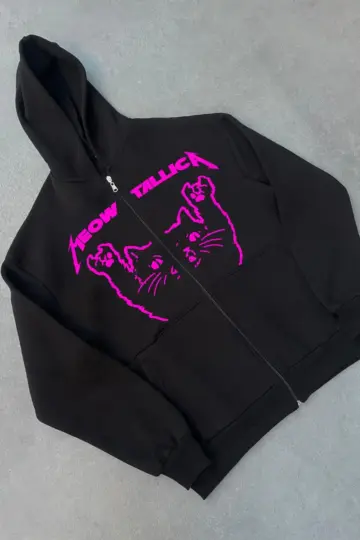 3 plik Kışlık Baskılı Fermuarlı Kapüşonlu Hırka - Siyah