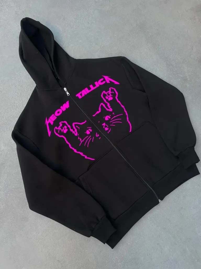 3 plik Kışlık Baskılı Fermuarlı Kapüşonlu Hırka - Siyah