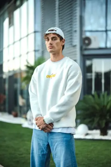 3 iplik pamuklu Kışlık Bisiklet Yaka Baskılı SweatShirt - Beyaz