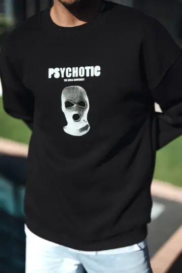 3 iplik pamuklu Kışlık Bisiklet Yaka Baskılı SweatShirt - Siyah