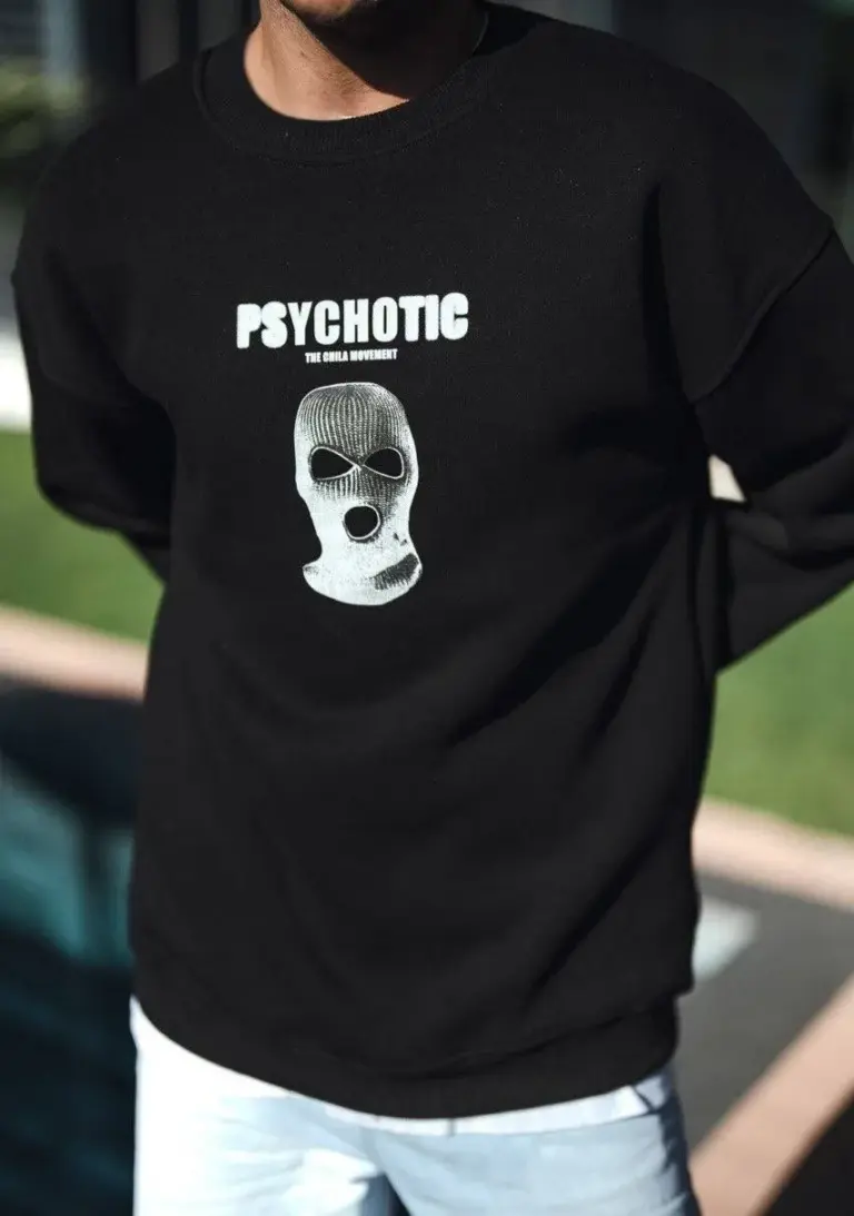 3 iplik pamuklu Kışlık Bisiklet Yaka Baskılı SweatShirt - Siyah