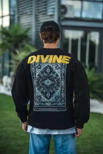 3 iplik pamuklu Kışlık Bisiklet Yaka Baskılı SweatShirt - Siyah