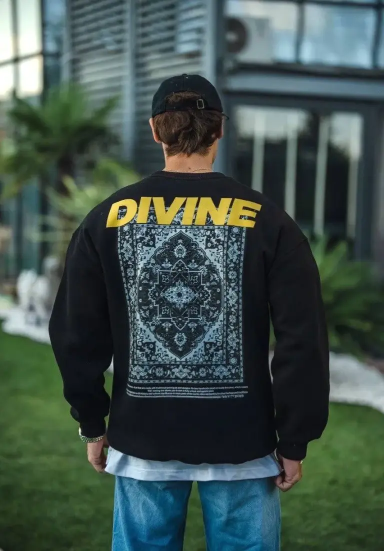 3 iplik pamuklu Kışlık Bisiklet Yaka Baskılı SweatShirt - Siyah