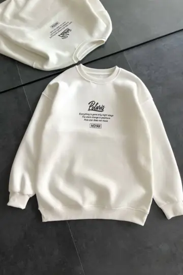 3 iplik Pamuklu Bisiklet Yaka Baskılı SweatShirt - Beyaz