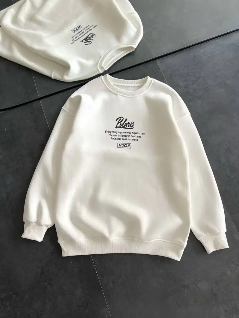 3 iplik Pamuklu Bisiklet Yaka Baskılı SweatShirt - Beyaz