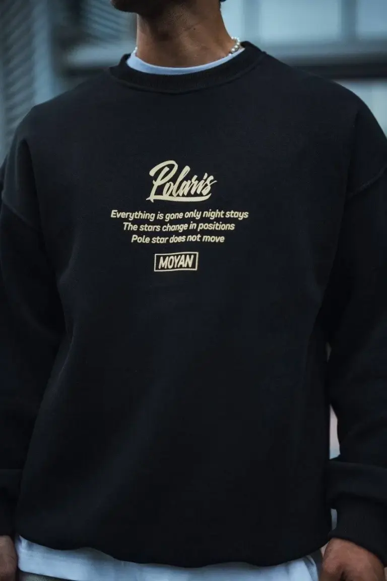 3 iplik pamuklu Bisiklet Yaka Ön Ve Arka Baskılı SweatShirt - Siyah