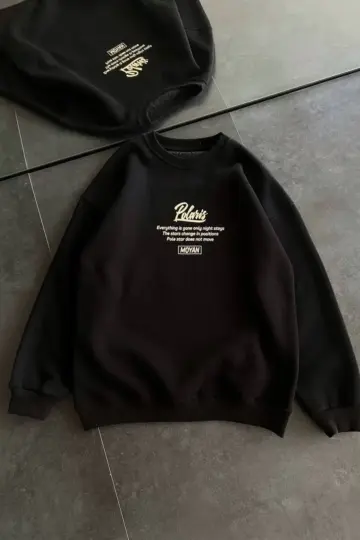 3 iplik Pamuklu Bisiklet Yaka Baskılı SweatShirt - Siyah