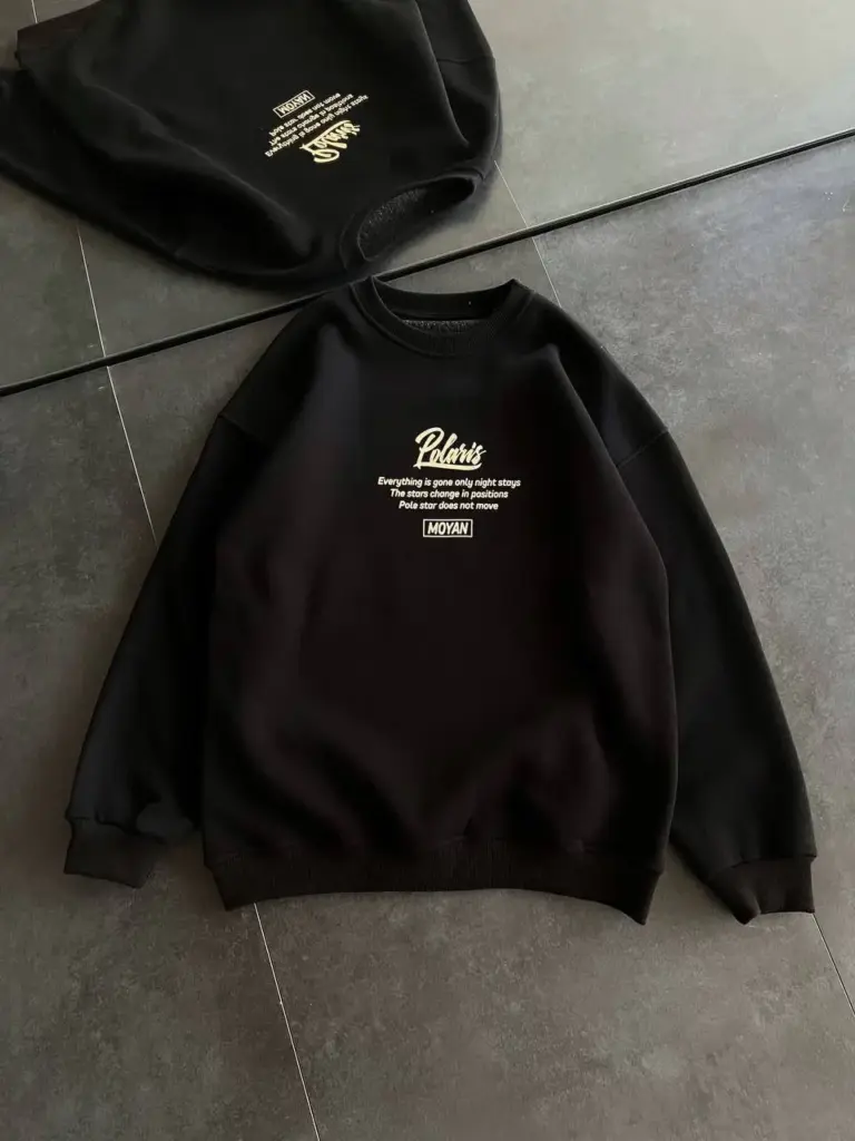 3 iplik Pamuklu Bisiklet Yaka Baskılı SweatShirt - Siyah