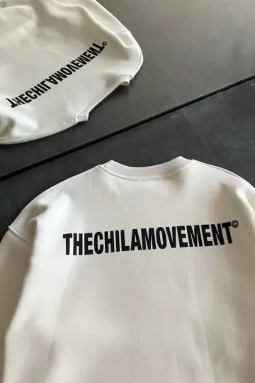 3 iplik pamuklu Kışlık Bisiklet Yaka Oversize Baskılı SweatShirt - Beyaz