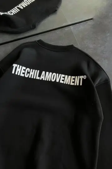 3 iplik Kışlık pamuklu Bisiklet Yaka Oversize Baskılı SweatShirt - Siyah