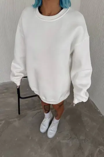 Bisiklet Yaka 3 İplik Pamuklu Basic SweatShirt - Beyaz