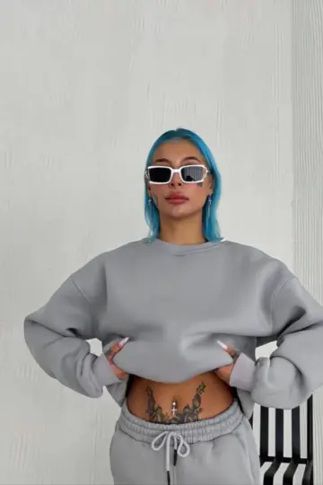 Bisiklet Yaka 3 İplik Pamuklu Basic SweatShirt - Gri