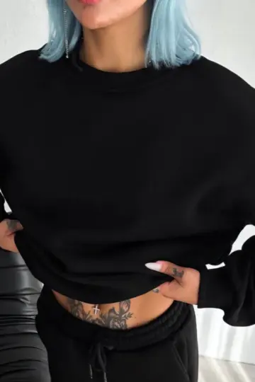 Bisiklet Yaka 3 İplik Pamuklu Basic SweatShirt - Siyah