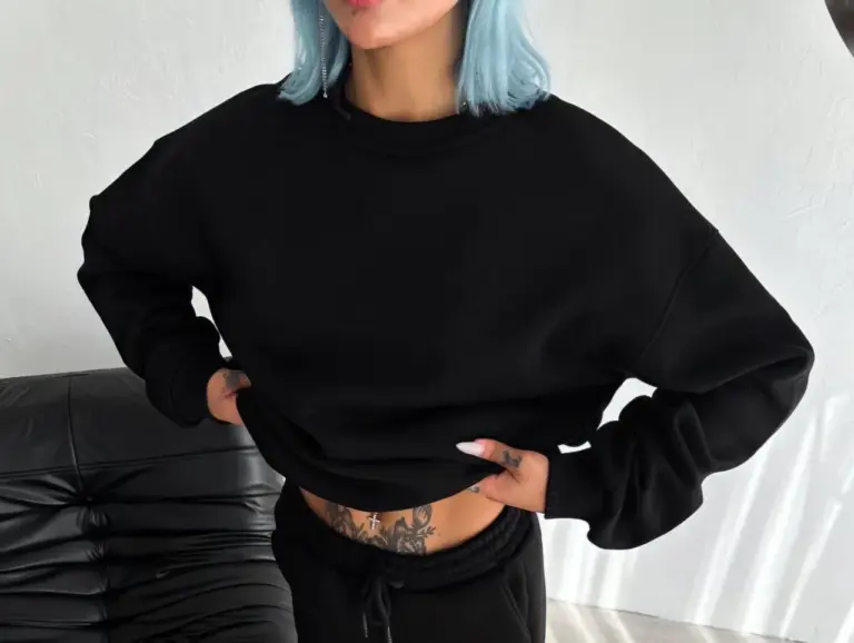 Bisiklet Yaka 3 İplik Pamuklu Basic SweatShirt - Siyah