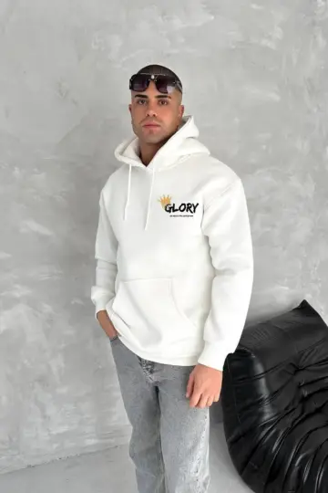 Kapüşonlu Kanguru Cepli Sweatshirt 3 İplik Pamuklu Baskılı Hoodie - Beyaz