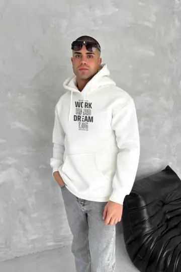Kapüşonlu Kanguru Cepli Sweatshirt 3 İplik Pamuklu Baskılı Hoodie - Beyaz