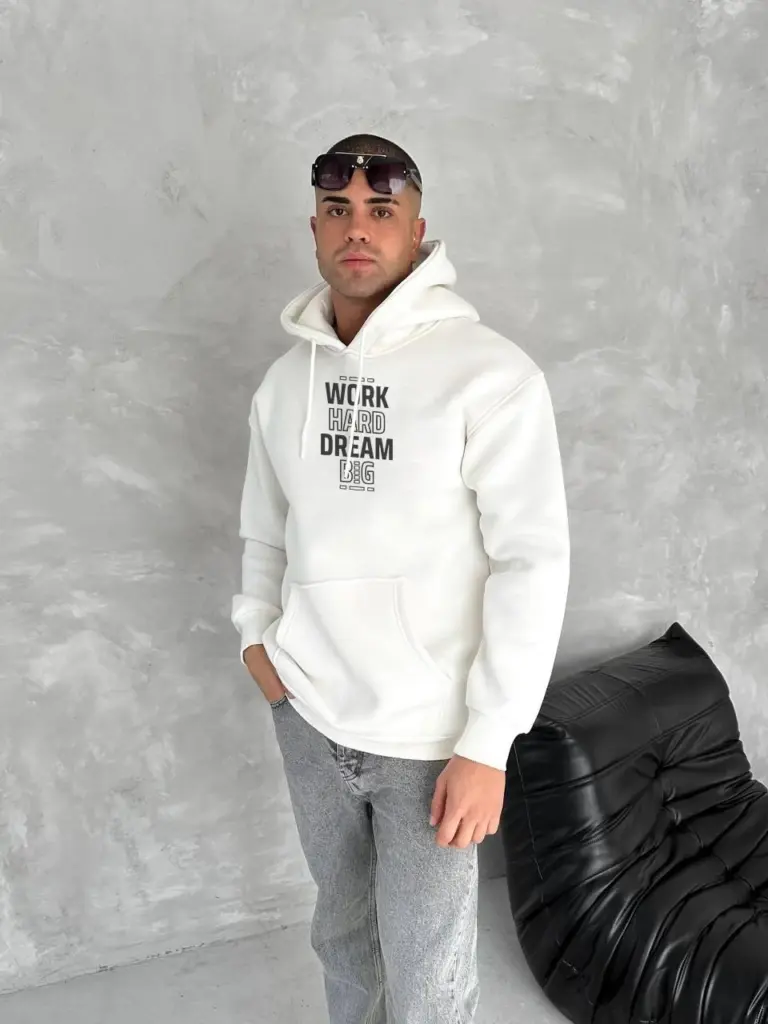 Kapüşonlu Kanguru Cepli Sweatshirt 3 İplik Pamuklu Baskılı Hoodie - Beyaz