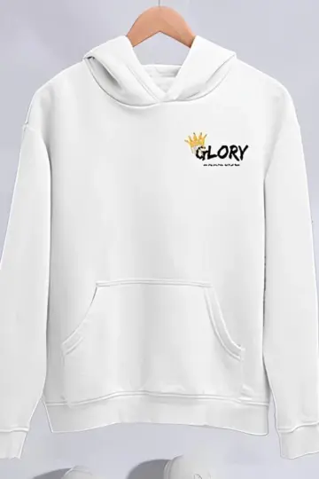 Oversize Kapüşonlu Kanguru Cepli Baskılı 3 İplik Pamuklu Sweatshirt Hoodie -   Beyaz