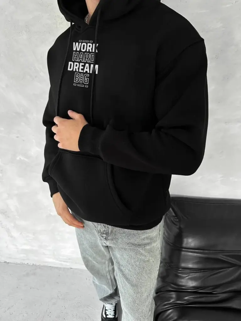 Kapüşonlu Kanguru Cepli Sweatshirt 3 İplik Pamuklu Baskılı Hoodie - Siyah