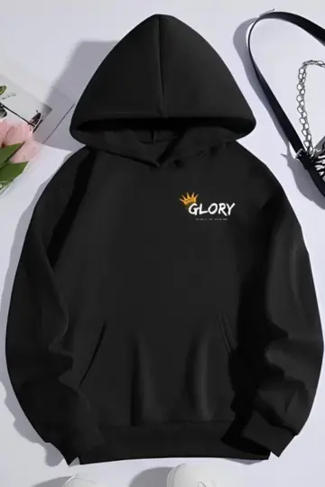 Oversize Kapüşonlu Kanguru Cepli Baskılı 3 İplik Pamuklu Sweatshirt Hoodie -   Siyah