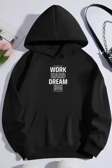 Oversize Kapüşonlu Cepli Baskılı 3 İplik Pamuklu Hoodie Sweatshirt - Siyah