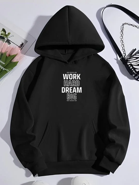 Oversize Kapüşonlu Cepli Baskılı 3 İplik Pamuklu Hoodie Sweatshirt - Siyah