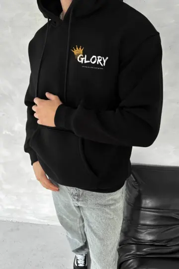 Kapüşonlu Kanguru Cepli Sweatshirt 3 İplik Pamuklu Baskılı Hoodie - Siyah