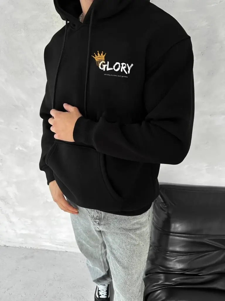 Kapüşonlu Kanguru Cepli Sweatshirt 3 İplik Pamuklu Baskılı Hoodie - Siyah