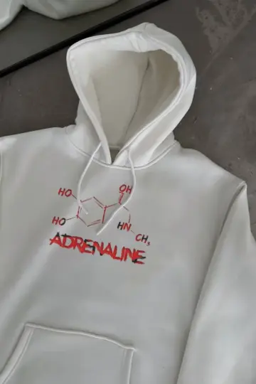 Oversize Kapüşonlu Cepli Baskılı 3 İplik Pamuklu Hoodie Sweatshirt - Beyaz