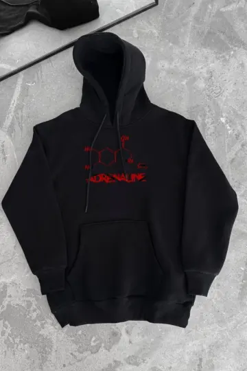 Oversize Kapüşonlu Cepli Baskılı 3 İplik Pamuklu Hoodie Sweatshirt - Siyah