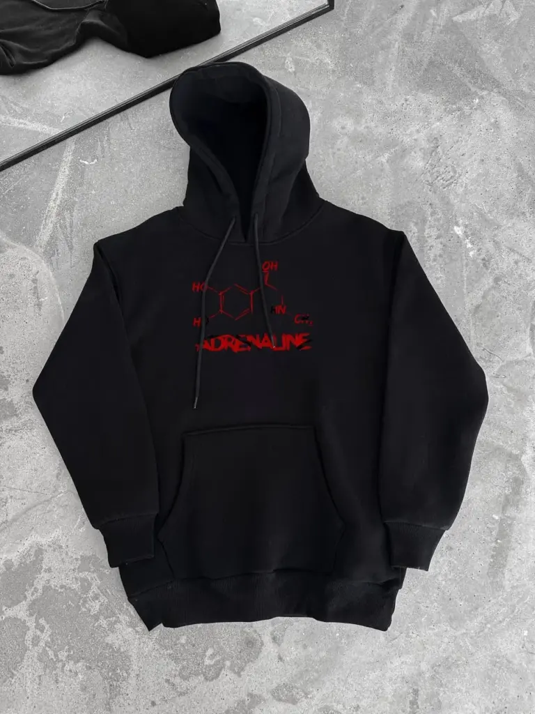 Oversize Kapüşonlu Cepli Baskılı 3 İplik Pamuklu Hoodie Sweatshirt - Siyah