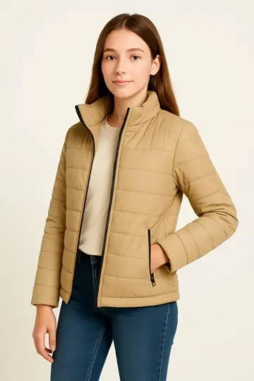 Kız Çocuk Şişme İçi Elyaflı Fermuarlı Cepli Mont Su İtici Ceket -  Bej