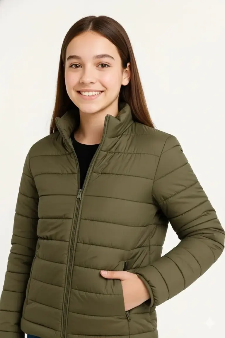 Kız Çocuk Şişme İçi Elyaflı Fermuarlı Cepli Mont Su İtici Ceket -  Haki